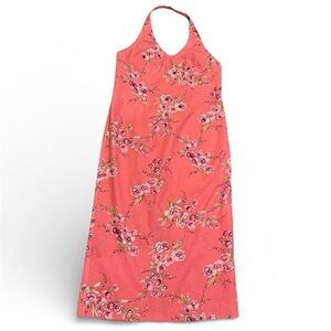 Miss Dorby Linen Blend Halter Maxi Dress Sz 16 Floral Beaded Y2K Vtg